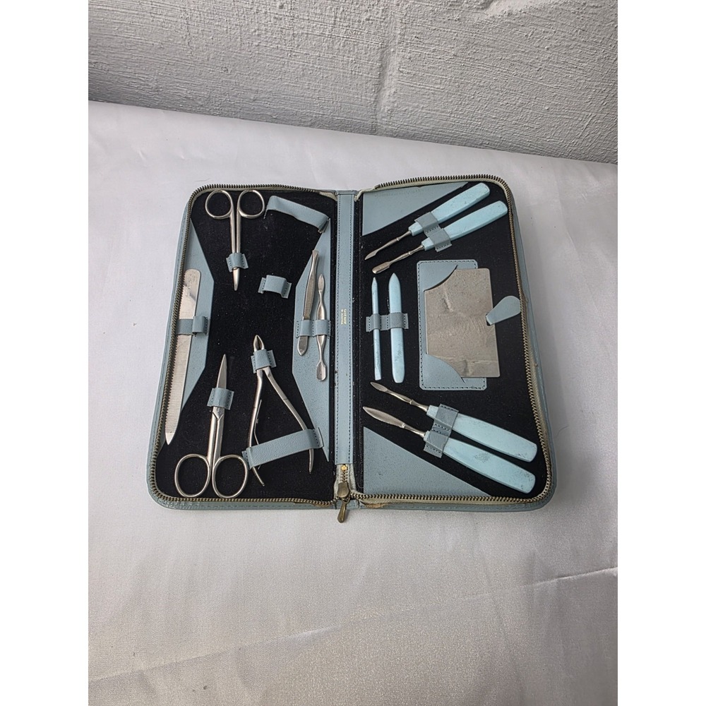 Vintage Nail Care Kit Special Triple Cut Mani Pedi‎ West Germany Blue 1950ish